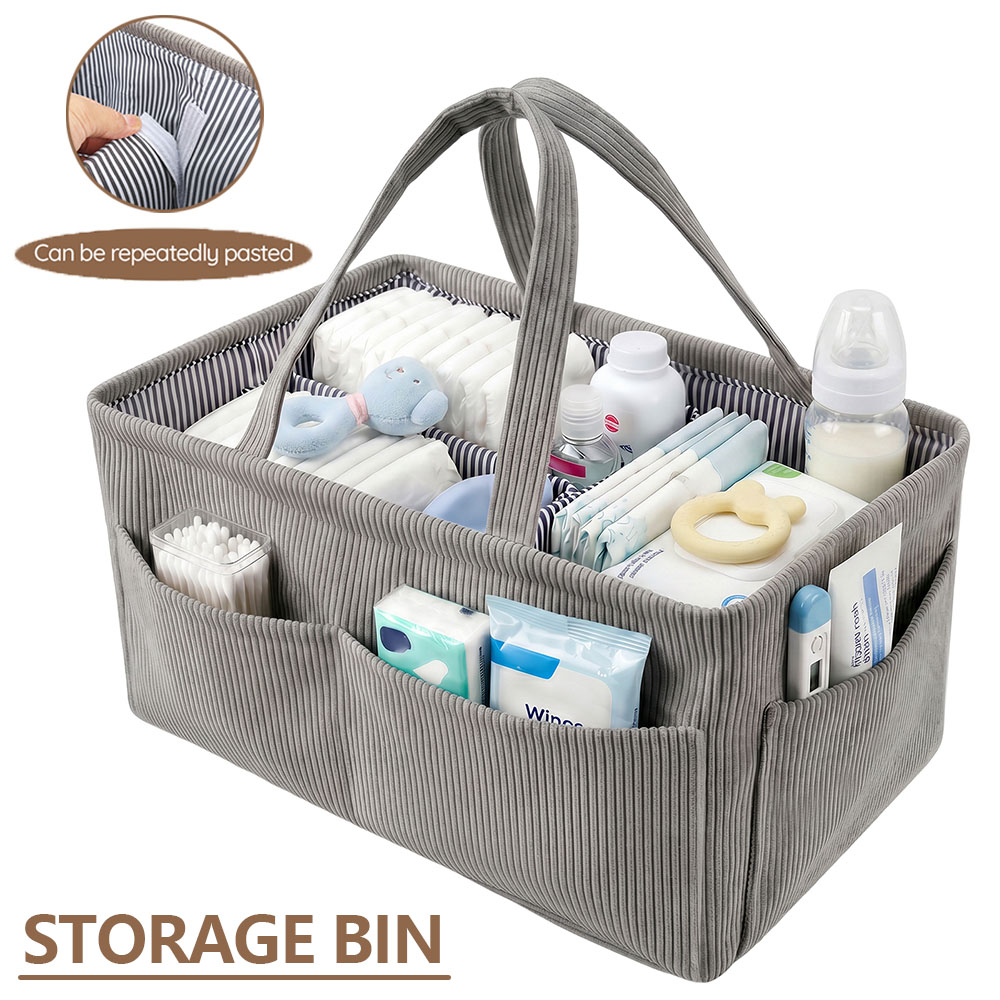Baby Nursery Organiser - ตะกร้าเก็บของเด็กอ่อนแบบพับได้ ทำจากผ้าคอร์ดูรอย พร้อมช่องเก็บของหลายช่องและหูหิ้ว พกพาสะดวก ใช้เป็นตะกร้าใส่ผ้าเช็ดทำความสะอาดได้