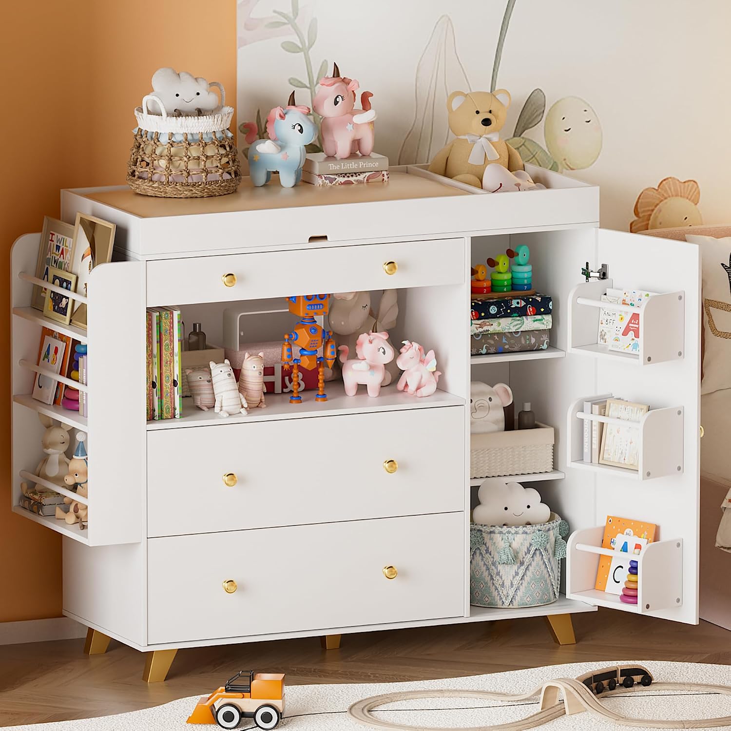 Baby Nursery Dresser Changing Table - ตู้เสื้อผ้าเด็กอ่อนพร้อมโต๊ะเปลี่ยนผ้าอ้อม, สถานีเปลี่ยนผ้าอ้อมแบบทันสมัย, ตู้เสื้อผ้าสำหรับเด็กอ่อนพร้อมลิ้นชัก 3 ช่องและชั้นวางของ, ที่เก็บของ