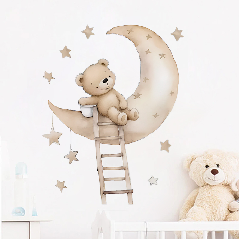 Baby Nursery Decor Boy - หมีน่ารัก Star Cloud สติ๊กเกอร์ติดผนังสําหรับห้องพักเด็กเด็กหญิงเด็กห้องนอนตกแต่ง Kawaii การ์ตูนสัตว์วอลล์เปเปอร์ไวนิล