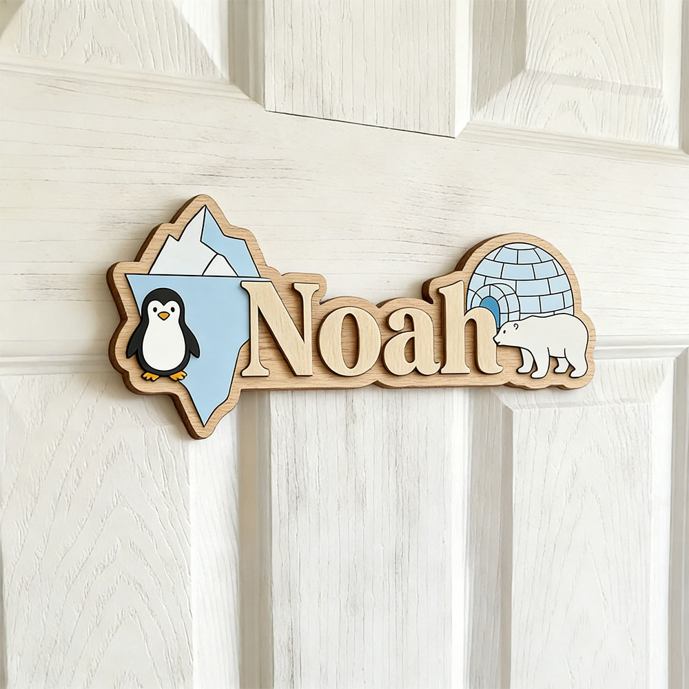 Baby Nursery Decor Boy - ป้ายชื่อสั่งทำรูปเพนกวินอาร์กติกและหมีขั้วโลก ตกแต่งผนังห้องเด็ก ลายถ้ำน้ำแข็ง แผ่นไม้สลักชื่อส่วนตัวสำหรับห้องเด็ก