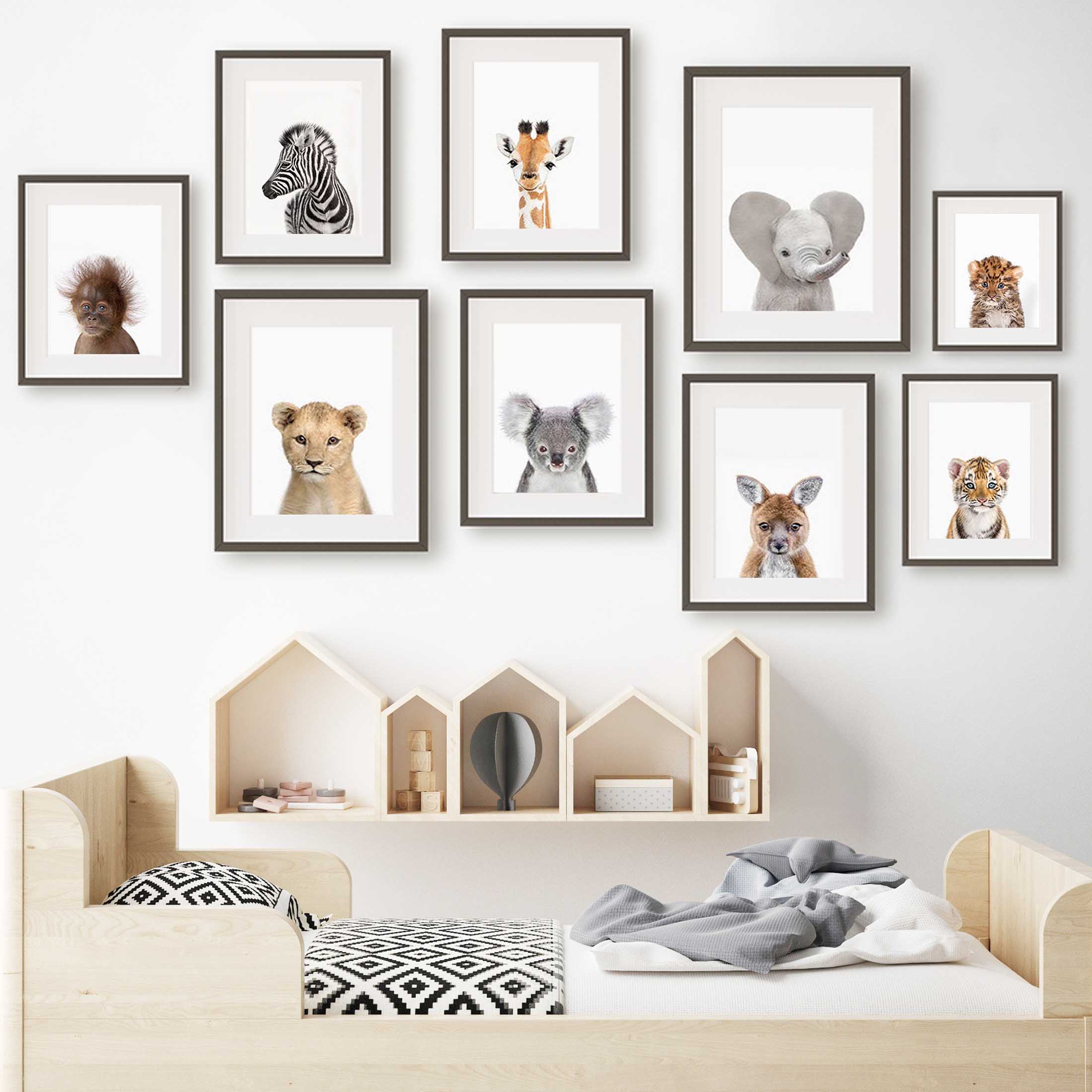 Baby Zoo Nursery - ภาพวาดบนผ้าใบไร้กรอบ 1 ชิ้น ภาพพิมพ์ศิลปะติดผนังสำหรับห้องเด็ก ลายสัตว์น่ารัก สัตว์ป่าซาฟารี