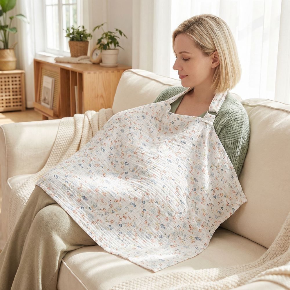 Nursing Cover Breastfeeding - ผ้าคลุมให้นมบุตรผ้าฝ้าย ระบายอากาศได้ดี ลายดอกไม้ ผ้าห่มให้นมบุตร คอโค้ง ปรับได้
