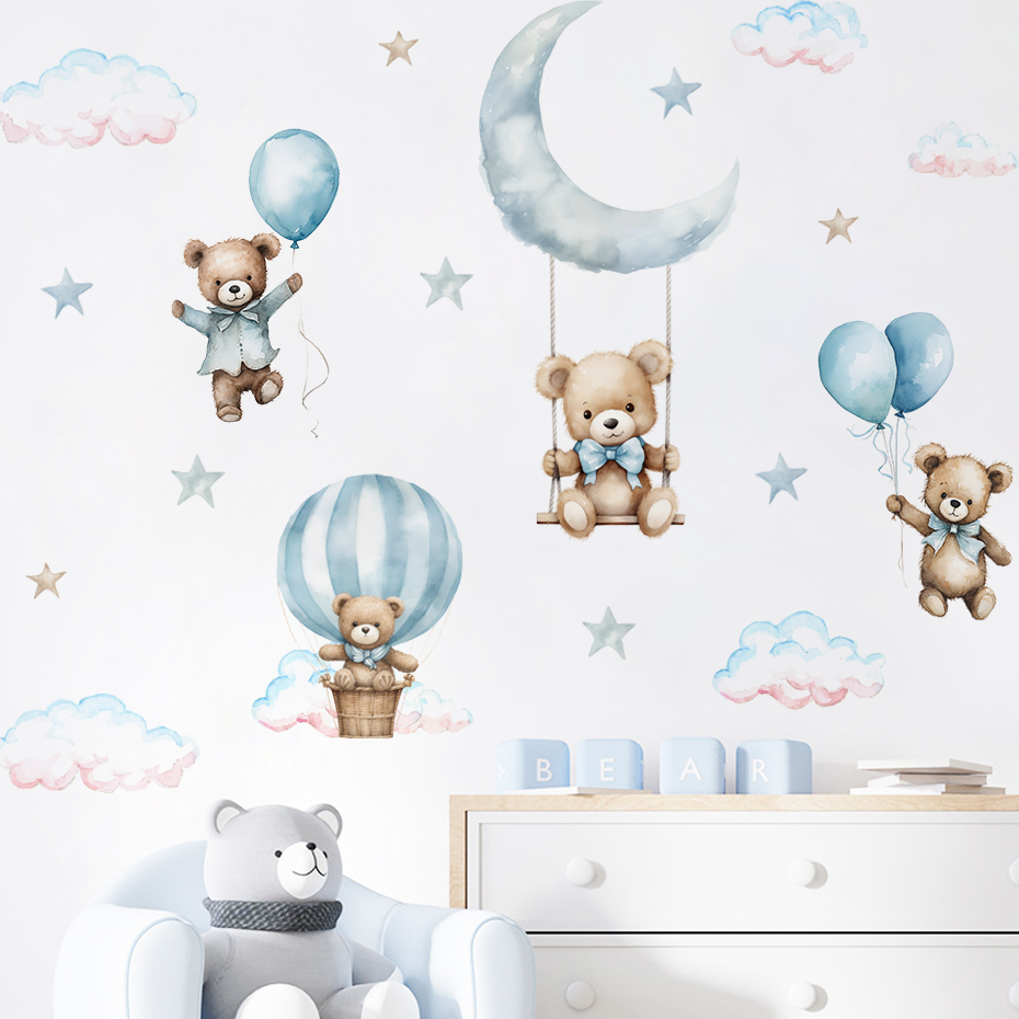 Baby Nursery Decor Boy - สีน้ําหมี Hot Air บอลลูน Cloud สติ๊กเกอร์ติดผนังสีฟ้าสําหรับห้องเด็ก