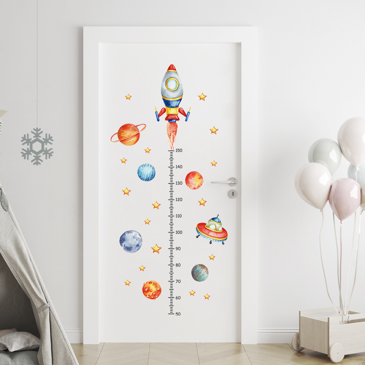 Baby Nursery Decor Boy - การ์ตูน Planet Rocket การวัดความสูงสติ๊กเกอร์ติดผนังสําหรับห้องเด็กห้องเด็กทารกความสูง Roller Grow