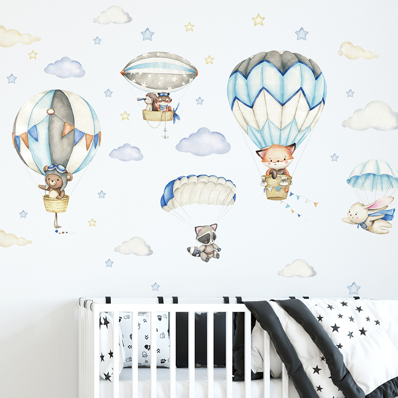 Baby Nursery Home - การ์ตูนสัตว์น่ารัก Hot Air บอลลูนสติ๊กเกอร์ติดผนังสําหรับห้องเด็ก Baby Nursery