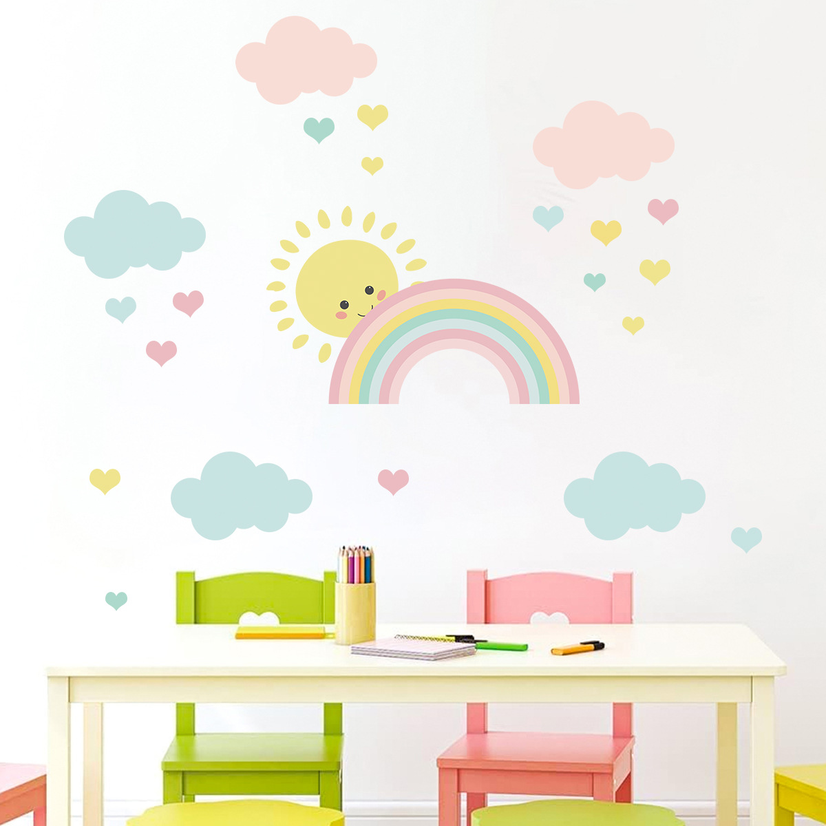 Baby Nursery Decor Boy - การ์ตูนดวงอาทิตย์สายรุ้งเมฆสติ๊กเกอร์ติดผนังสำหรับตกแต่งห้องนอนเด็กหญิงเด็กชายศิลปะสติกเกอร์ภาพจิตรกรรมฝาผนังโปสเตอร์ห้องเด็กตกแต่งบ้าน