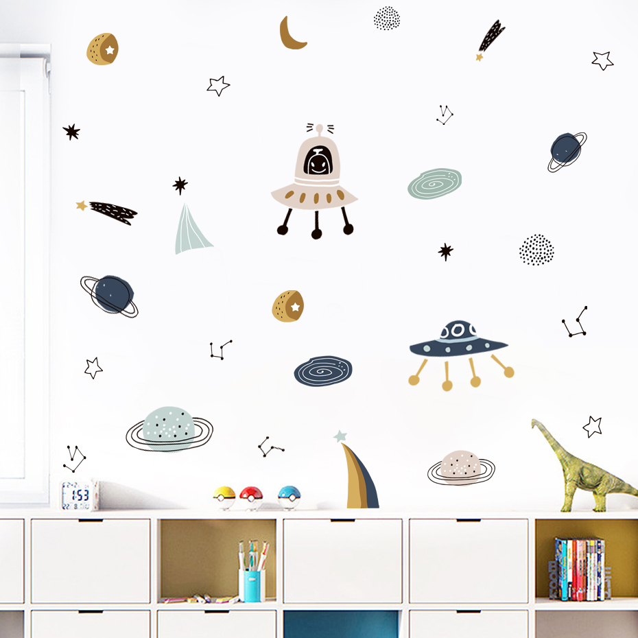 Baby Nursery Decor Boy - การ์ตูน UFO Aliens Planet รูปแบบสีน้ําเด็กสติ๊กเกอร์ติดผนังไวนิลเนอสเซอรี่ Art