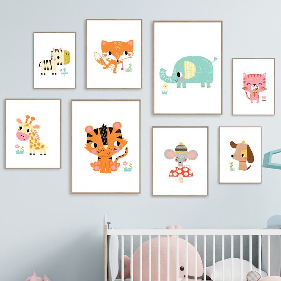 Baby Zoo Nursery - ภาพพิมพ์ศิลปะติดผนังลายการ์ตูนสัตว์น่ารัก สีสันสดใส สำหรับตกแต่งห้องเด็ก ห้องนอน ห้องเล่น