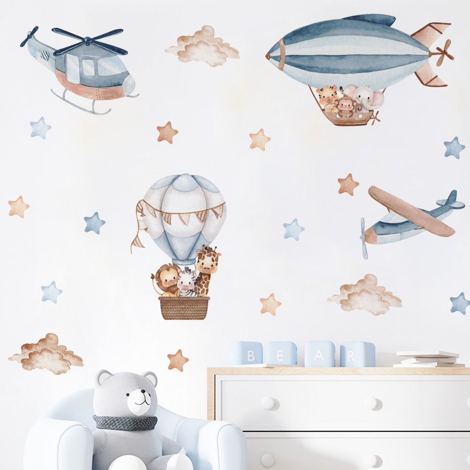 Baby Nursery Needs - สีน้ําสัตว์ Hot Air บอลลูนเมฆสติ๊กเกอร์ติดผนังสําหรับห้องเด็ก Baby Nursery