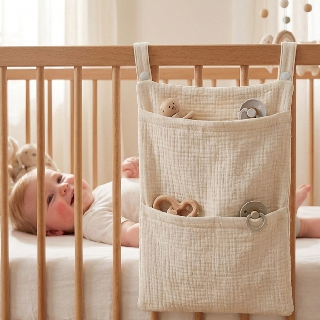 Baby Nursery Organiser - กระเป๋าจัดระเบียบเปลเด็กแบบแขวน ผ้ามัสลิน ผ้าก๊อซ ใส่ผ้าอ้อม ของใช้เด็กอ่อน กระเป๋าแขวนข้างเตียงเด็ก
