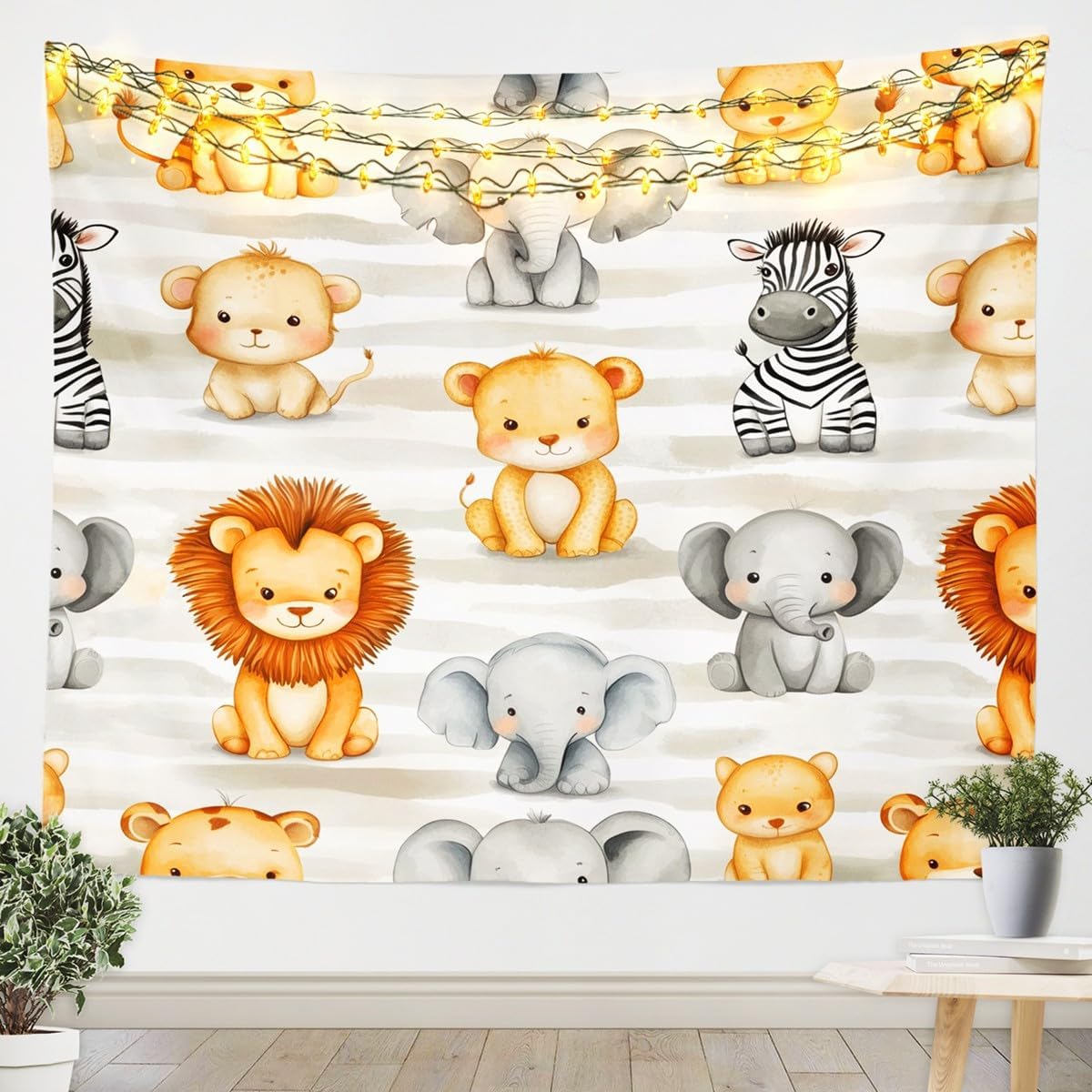 Baby Zoo Nursery - พรมแขวนผนังลายสัตว์ซาฟารีน่ารัก ตกแต่งห้องเด็กสไตล์โบโฮ ลายสิงโต ช้าง ของตกแต่งห้องเด็ก โปสเตอร์ศิลปะ