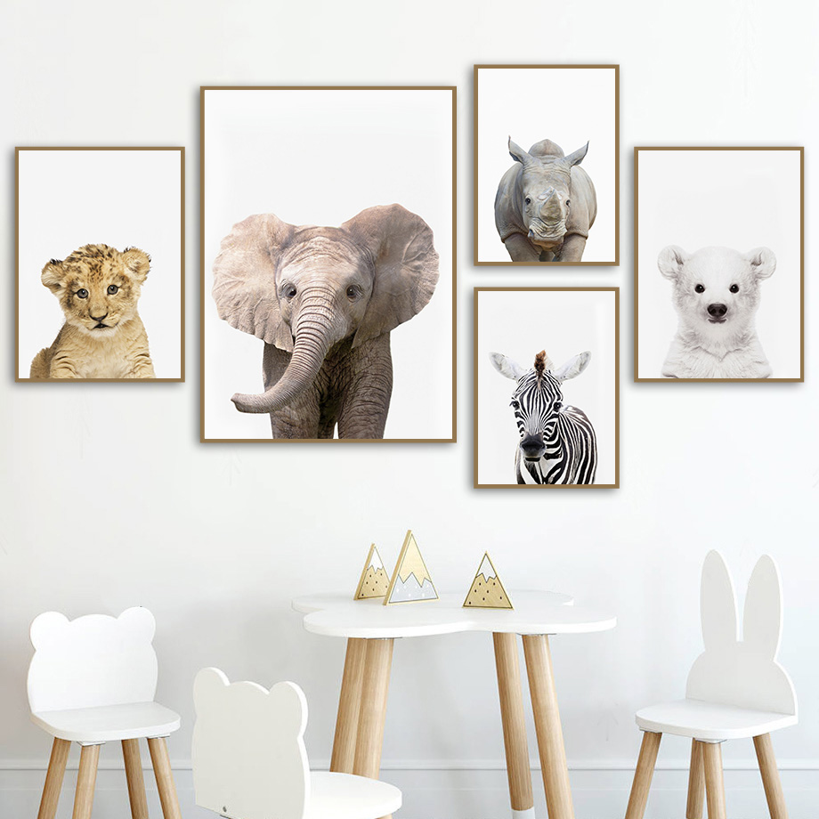 Baby Zoo Nursery - ภาพพิมพ์ศิลปะติดผนังลายสัตว์ซาฟารีสำหรับเด็ก น่ารักสไตล์ป่าซาฟารี ตกแต่งห้องเด็ก ของตกแต่งบ้าน โปสเตอร์ผ้าแคนวาส ของขวัญสำหรับเด็กเล็ก