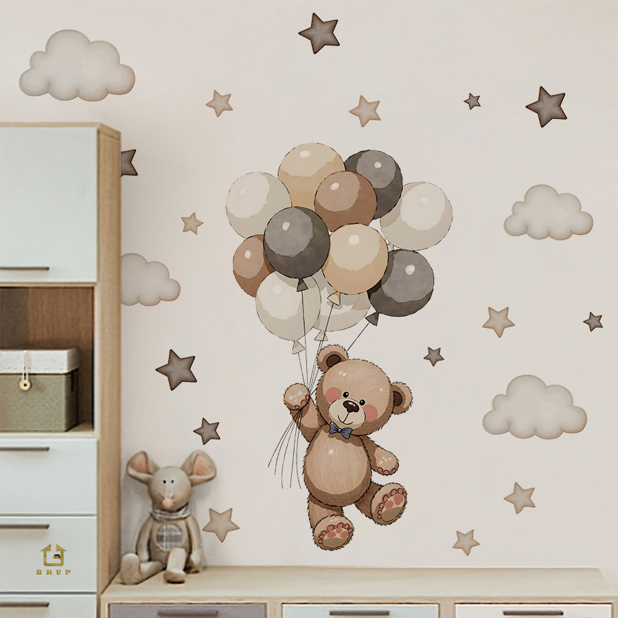 Baby Nursery Needs - สติ๊กเกอร์ติดผนังรูปหมีเท็ดดี้ที่น่ารัก ของตกแต่งแบบถอดได้พร้อมลูกโป่ง ดาว และเมฆ สำหรับห้องนอนเด็ก ห้องเล่น
