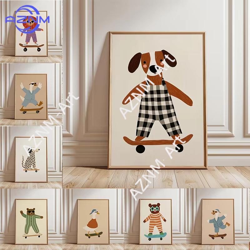 Baby Nursery Needs - โปสเตอร์สัตว์ตลกเล่นสเก็ตบอร์ด 1 ชิ้น ภาพพิมพ์บนผ้าใบลายห่าน เป็ด สุนัข
