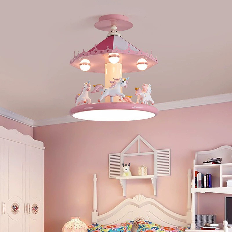 Baby Nursery Ceiling Light - โคมไฟเพดานห้องเจ้าหญิง ห้องนอนเด็กผู้หญิง โคมไฟรูปม้าหมุนสีชมพู ไฟ LED โรแมนติก