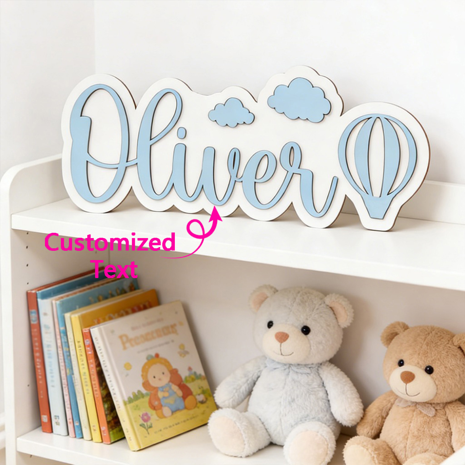 Baby Nursery Decor - ป้ายชื่อห้องรูปบอลลูนลมร้อนและเมฆแบบปรับแต่งได้, ป้ายไม้สีฟ้าพาสเทลที่สามารถปรับแต่งได้, ของตกแต่งห้องนอนเด็ก, ของขวัญแสนหวาน
