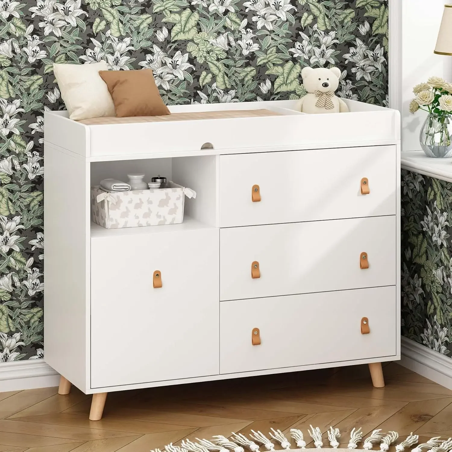 Baby Nursery Dresser Changing Table - โต๊ะเปลี่ยนผ้าอ้อมเด็กพร้อมลิ้นชัก ชั้นวางของ ตะกร้าซักผ้าซ่อนได้ ตู้เก็บของ 2 in