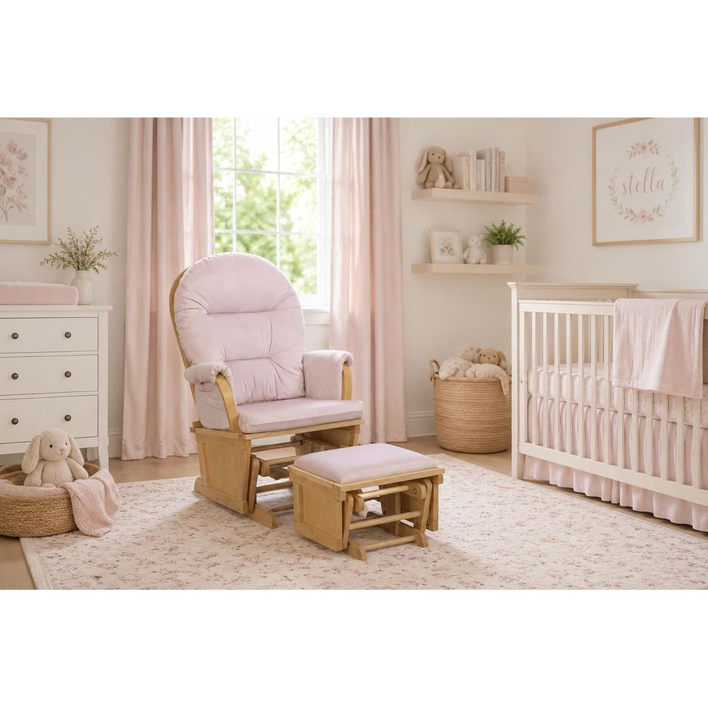 Baby Nursery Glider - เก้าอี้โยกสำหรับเด็ก Madison พร้อมที่วางเท้า, เก้าอี้โยกไม้สำหรับการเลี้ยงเด็ก, เก้าอี้โยกที่เคลื่อนไหวได้อย่างราบรื่น, ทำจากไม้ธรรมชาติและผ้าสีชมพู