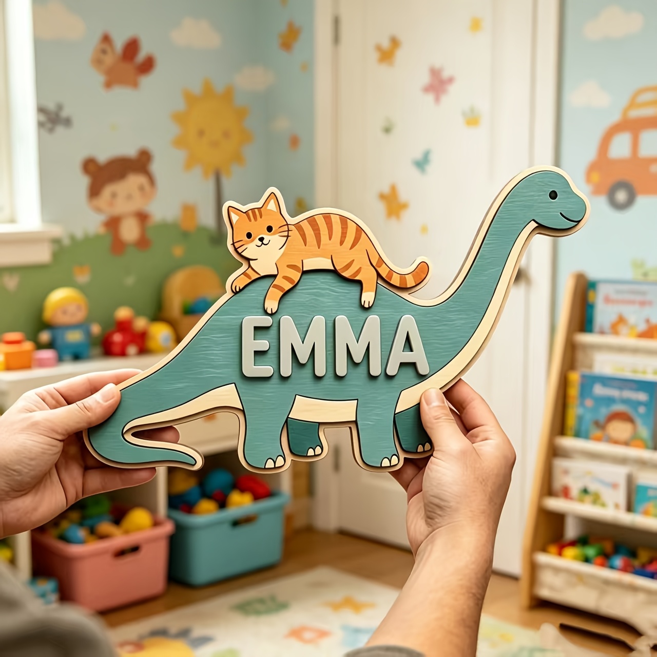 ป้ายชื่อห้องรูปแมวขี่ไดโนเสาร์ - Baby Nursery Decor บทวิจารณ์และราคา
