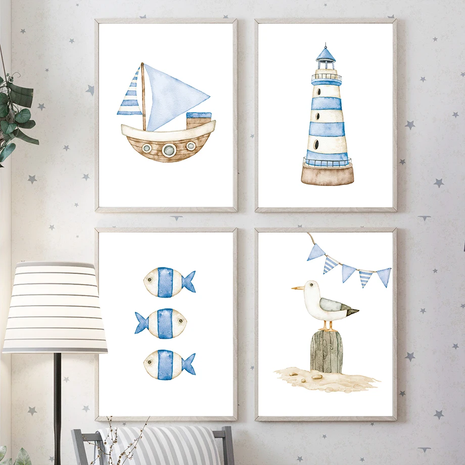 เรือใบ ประภาคาร ปลา ภาพพิมพ์แน - Baby Nursery Home บทวิจารณ์และราคา
