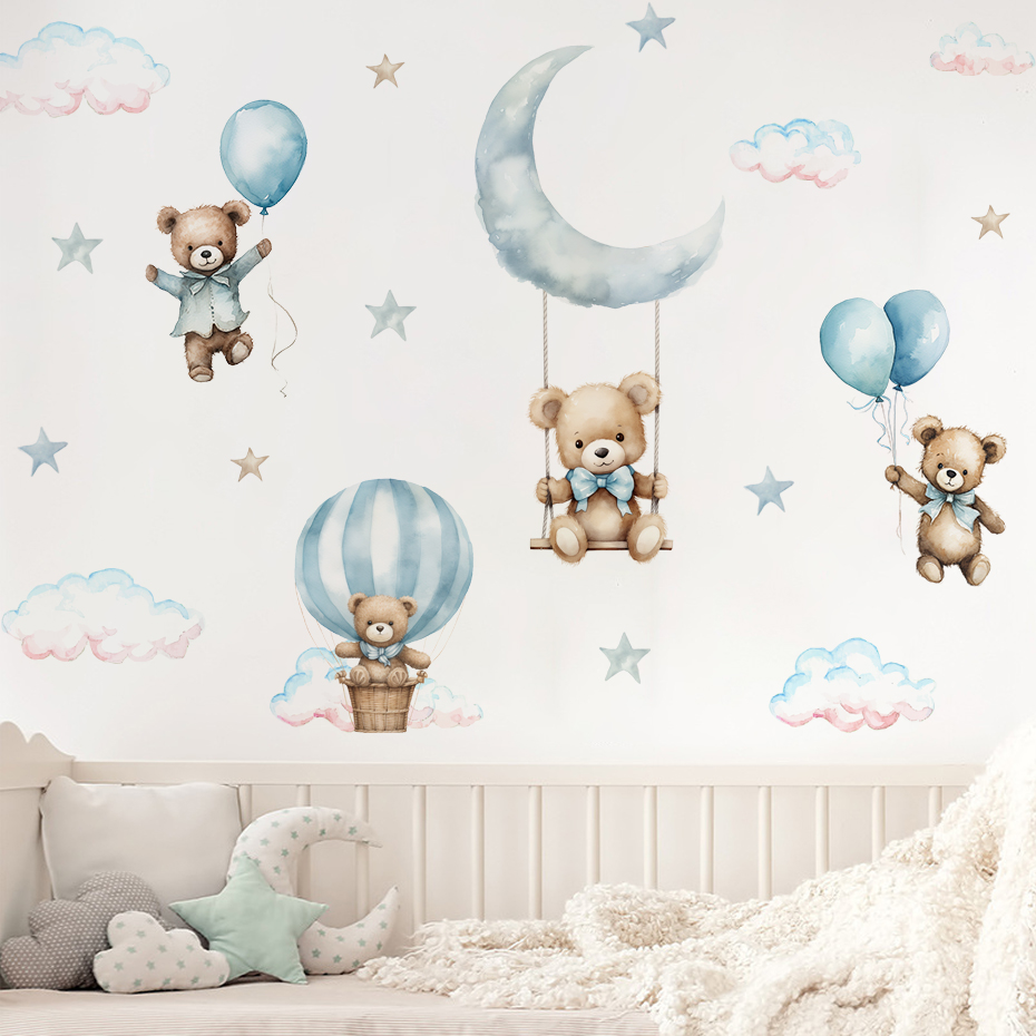สีน้ําหมี Hot Air บอลลูน Cloud - Baby Nursery Decor Boy บทวิจารณ์และราคา